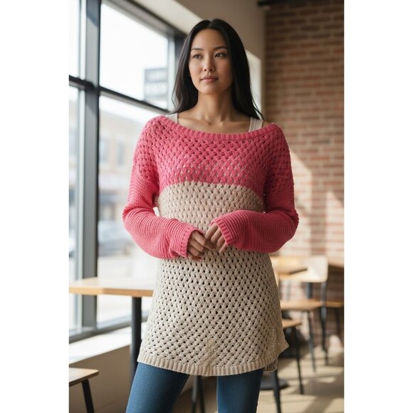 NEW Fever Crochet Knit Pull Over Longline Tunic Top Sweater Womens L Pink Beige - Picture 1 of 12